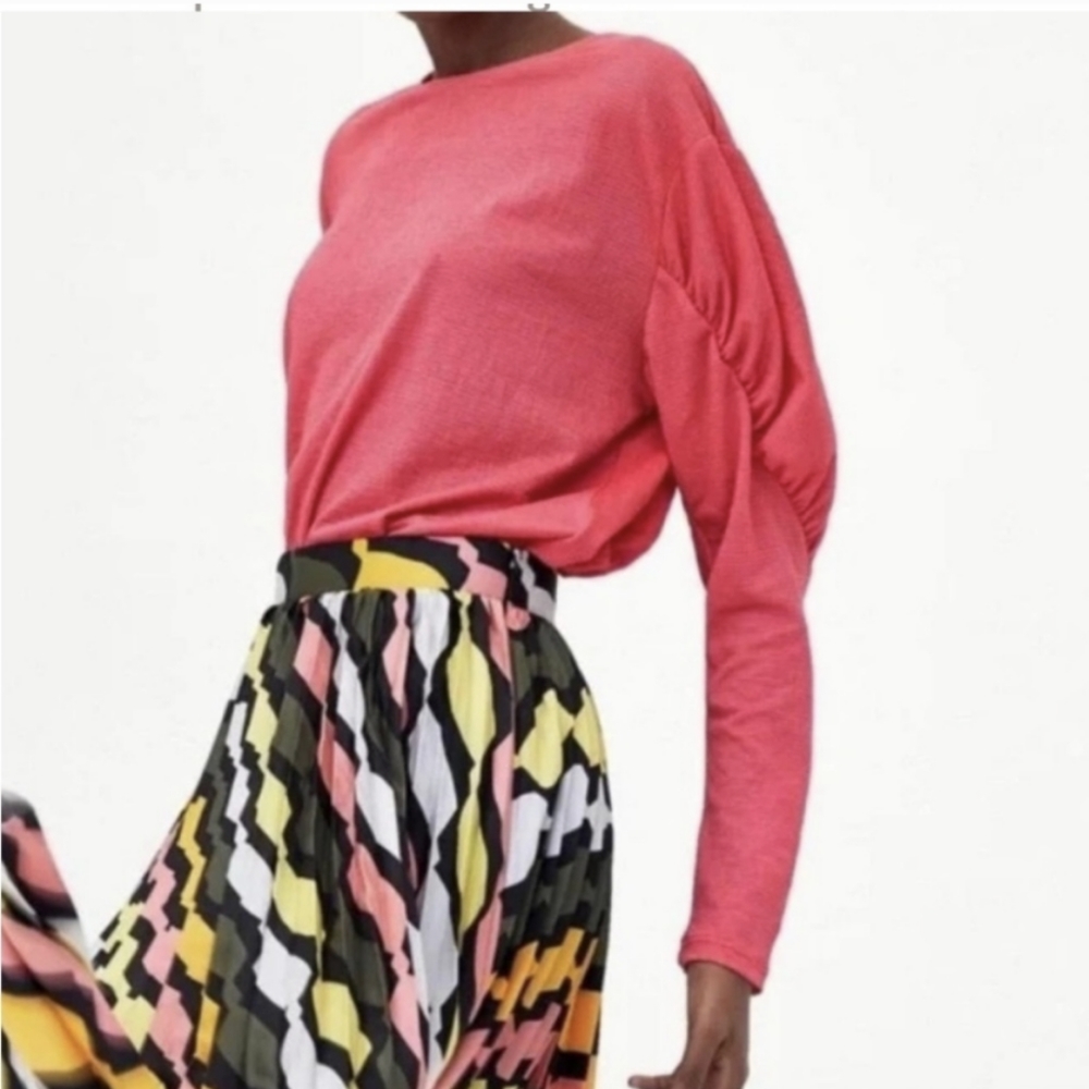 Zara Trafaluc Puffed Ruched Long Sleeve Crinkle Top Size Small Pinkish Coral